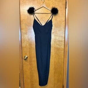 Lulu's Black Strapless Dress with Feather Shoulder Accents
